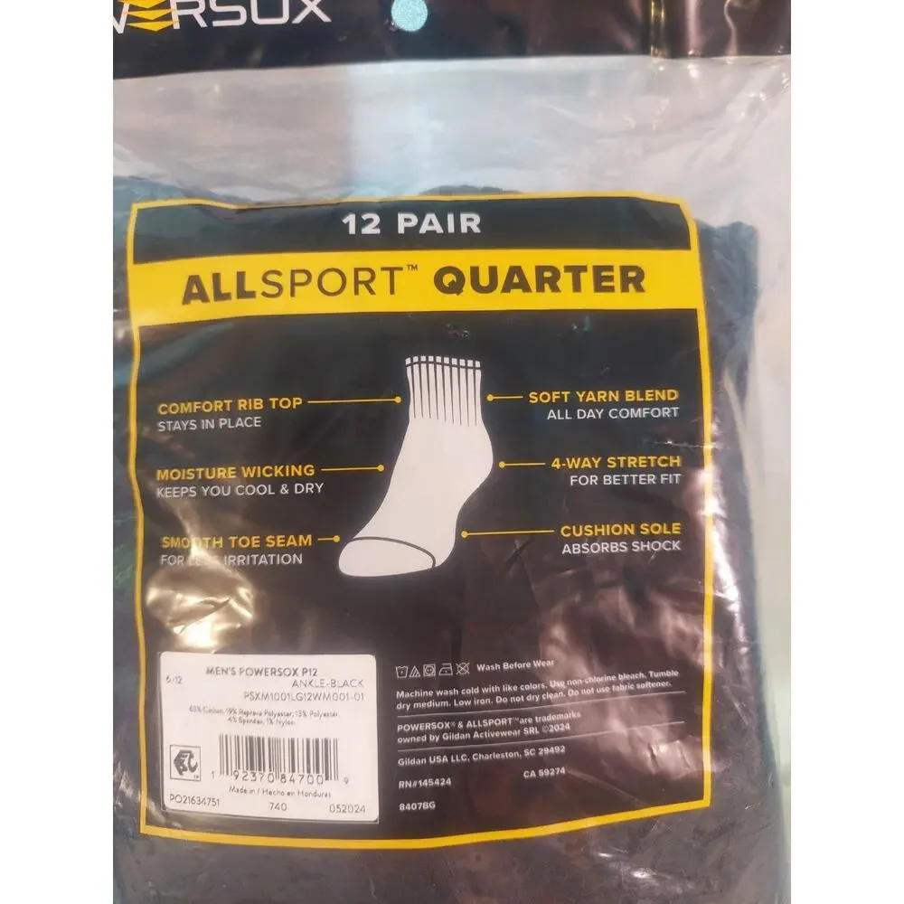 Powersox AllSport Men’s No Show Socks 12 Pairs Black Sizes 6-12